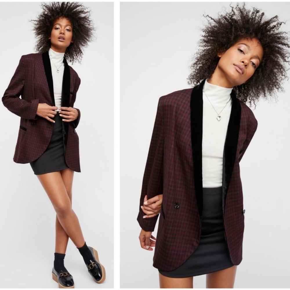 Free People | Oversized Plaid Velvet Trim Blazer